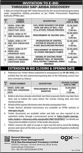Oil & Gas Development Company Limited Islamabad Tender Notice-1